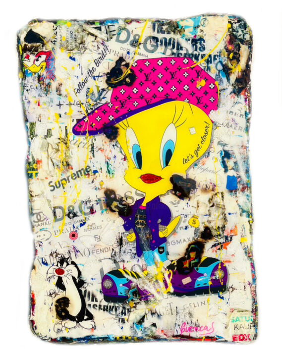 Collages getiteld "Tweety Fashion" door Adriano Cuencas, Origineel Kunstwerk, Collages