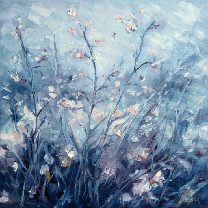 Painting titled "Meadow Flora In Blue" by Adrienn Pécsek, Original Artwork, Oil Mounted on Wood Stretcher frame