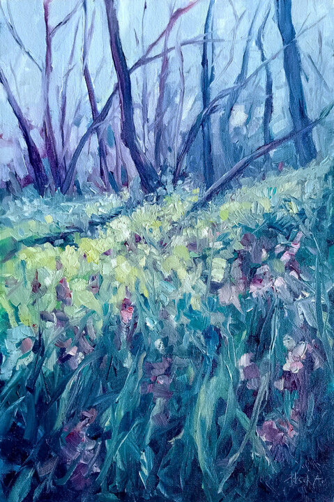Painting titled "Spring Landscape" by Adrienn Pécsek, Original Artwork, Oil Mounted on Other rigid panel
