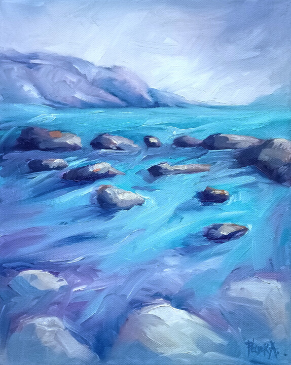 Painting titled "Beach Rocks" by Adrienn Pécsek, Original Artwork, Oil Mounted on Wood Stretcher frame