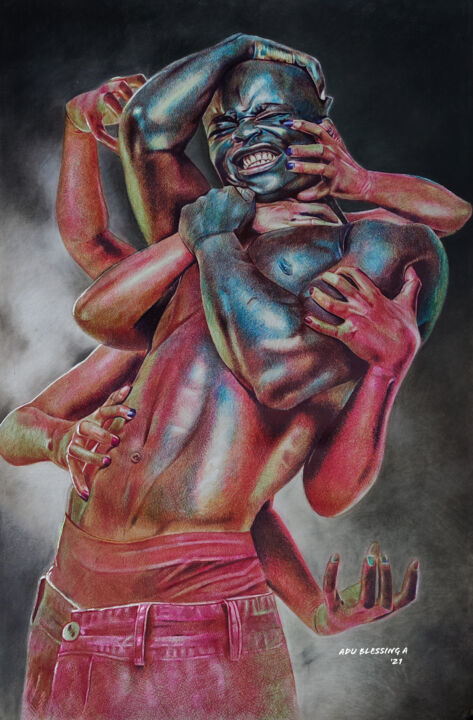 Dessin intitulée "STRUGGLE" par Adu Adeyinka, Œuvre d'art originale, Stylo à bille