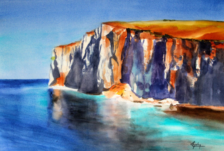 Pintura intitulada "Falaise en baie de…" por Adyne Gohy, Obras de arte originais, Aquarela