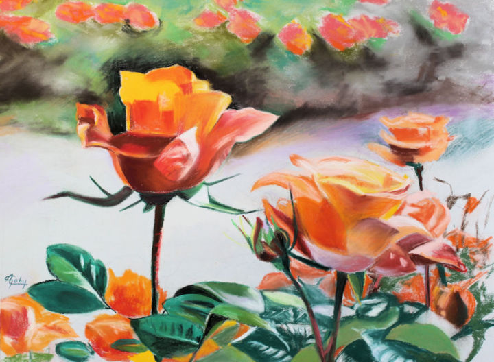 Painting titled "Roses vues sur un r…" by Adyne Gohy, Original Artwork, Pastel