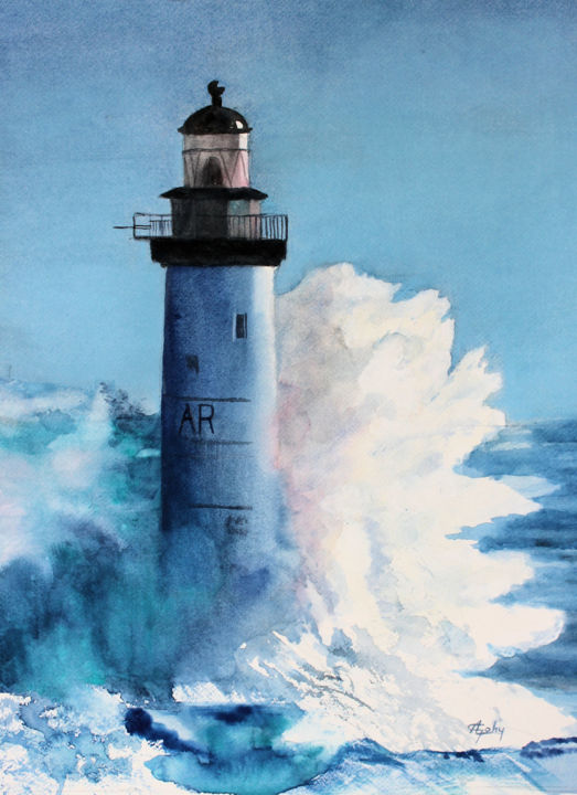 Painting titled "Le Phare Ar Men" by Adyne Gohy, Original Artwork, Watercolor