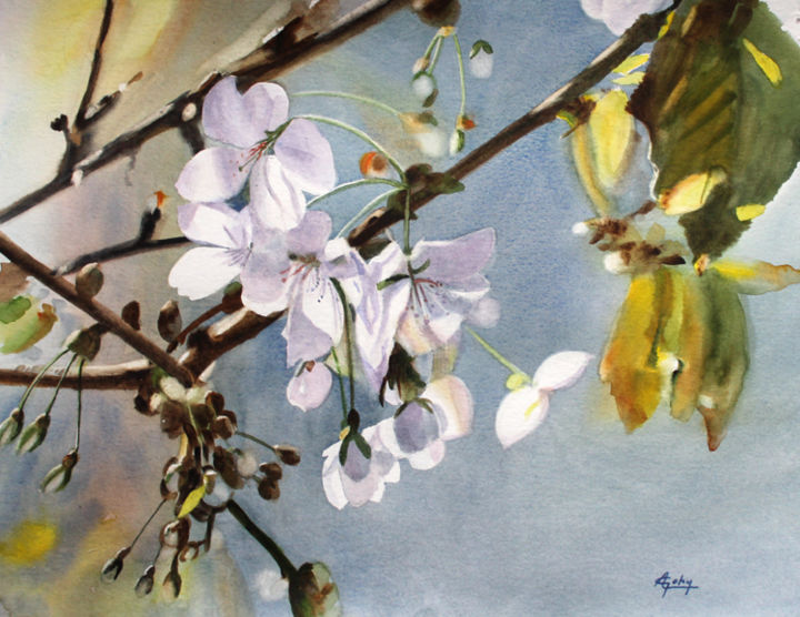 Peinture intitulée "Fleurs de prunier" par Adyne Gohy, Œuvre d'art originale, Aquarelle