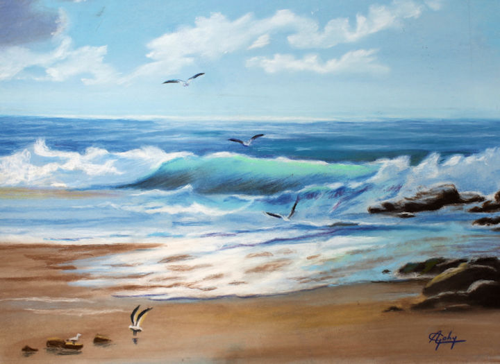 Peinture intitulée "Au bord de la mer!" par Adyne Gohy, Œuvre d'art originale, Pastel