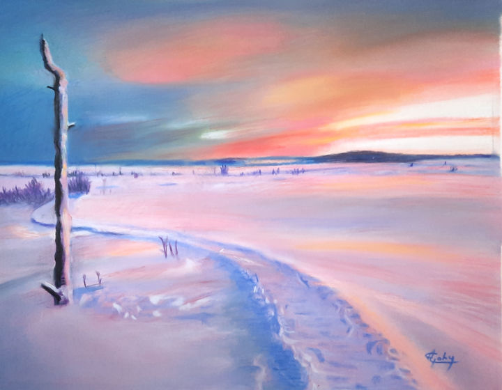 Painting titled "Un lever de soleil…" by Adyne Gohy, Original Artwork, Pastel Mounted on Wood Stretcher frame