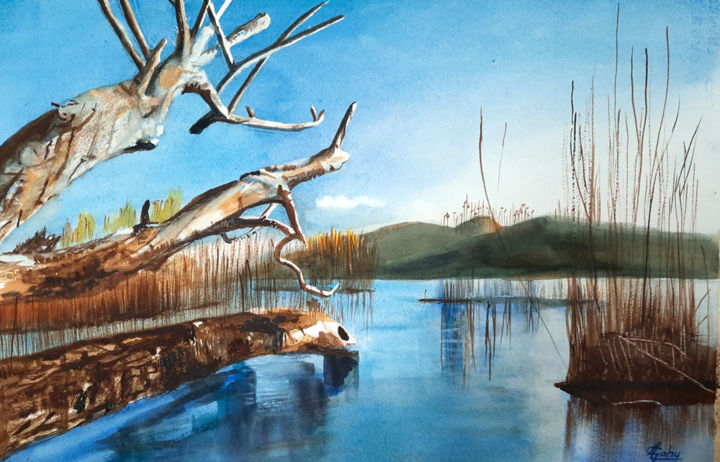 Pittura intitolato "Au Lac du Bourget" da Adyne Gohy, Opera d'arte originale, Acquarello