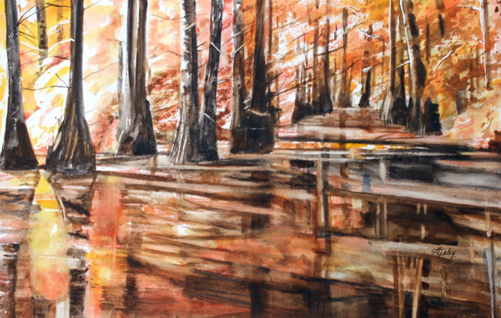 Peinture intitulée "Les Cyprès chauves…" par Adyne Gohy, Œuvre d'art originale, Aquarelle