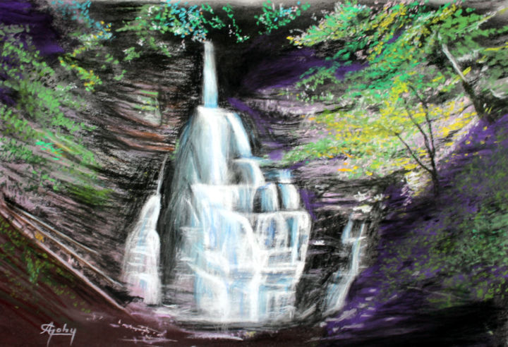 Painting titled "La Cascade des Dioux" by Adyne Gohy, Original Artwork, Pastel Mounted on Wood Stretcher frame