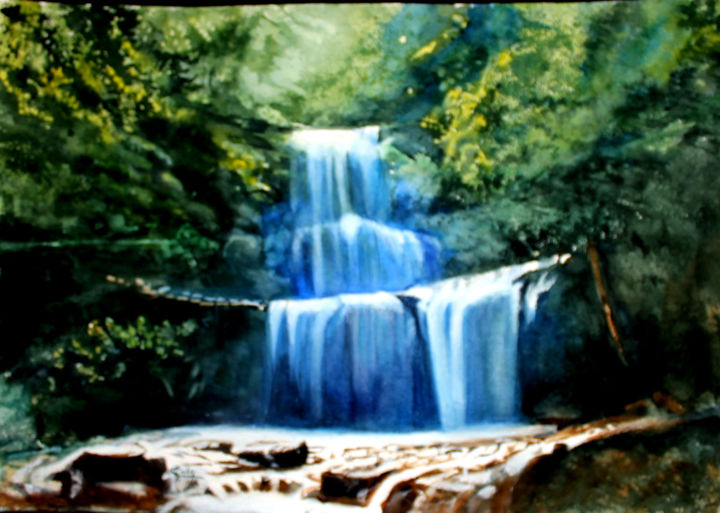 Painting titled "Cascade du Rouselet" by Adyne Gohy, Original Artwork, Watercolor