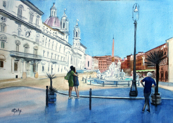 Peinture intitulée "Place Novona à Rome" par Adyne Gohy, Œuvre d'art originale, Aquarelle
