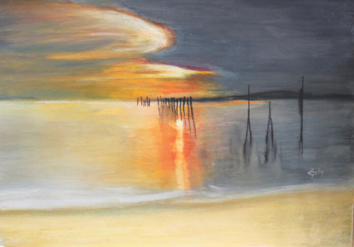 Malerei mit dem Titel "Mer calme au soleil…" von Adyne Gohy, Original-Kunstwerk, Aquarell
