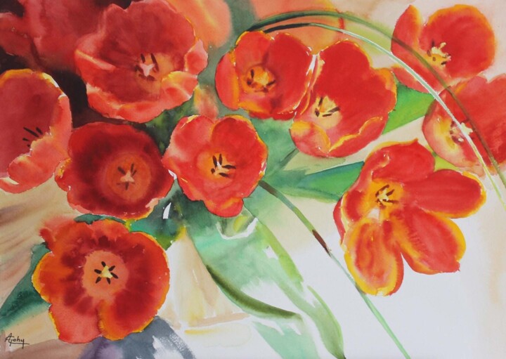 Malerei mit dem Titel "Un bouquet de tulip…" von Adyne Gohy, Original-Kunstwerk, Aquarell