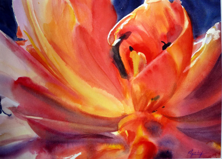 Peinture intitulée "Tulipe double" par Adyne Gohy, Œuvre d'art originale, Aquarelle