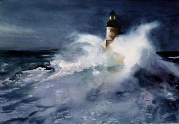 Painting titled "Phare Armen" by Adyne Gohy, Original Artwork, Watercolor