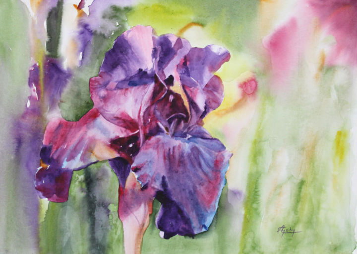 Painting titled "Iris bleu 1" by Adyne Gohy, Original Artwork, Watercolor