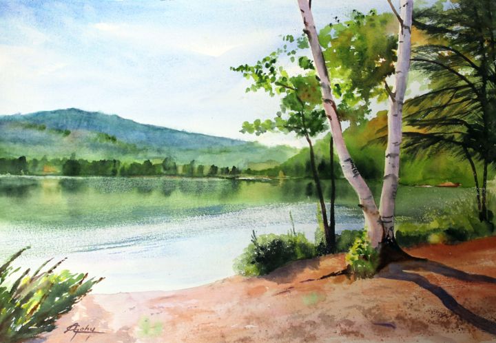 Malerei mit dem Titel "Au Lac Gagnon (Québ…" von Adyne Gohy, Original-Kunstwerk, Aquarell