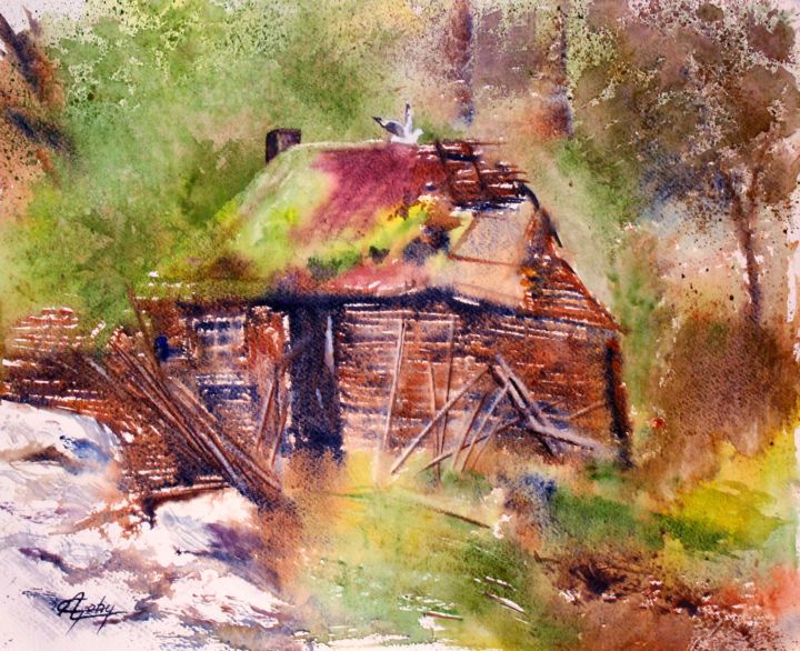 Peinture intitulée "Un refuge à l'orée…" par Adyne Gohy, Œuvre d'art originale, Aquarelle