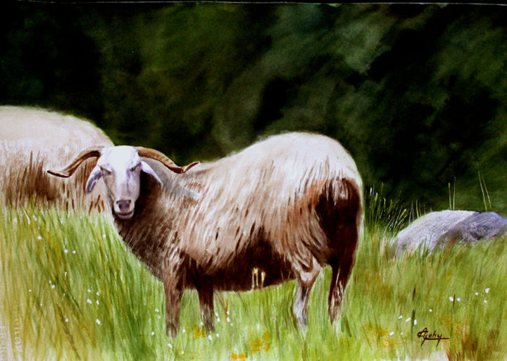 Painting titled "Attentif" by Adyne Gohy, Original Artwork, Watercolor