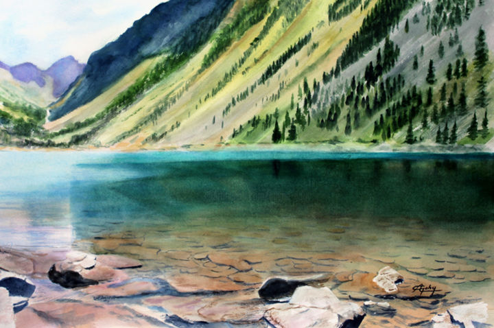 Malerei mit dem Titel "Le Lac de Gaube dan…" von Adyne Gohy, Original-Kunstwerk, Aquarell