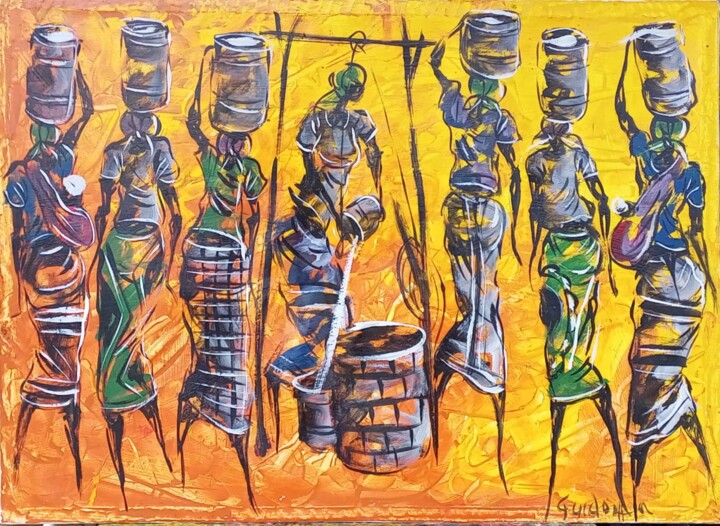 Peinture intitulée "Village women" par Aeidy Kassimba, Œuvre d'art originale, Acrylique