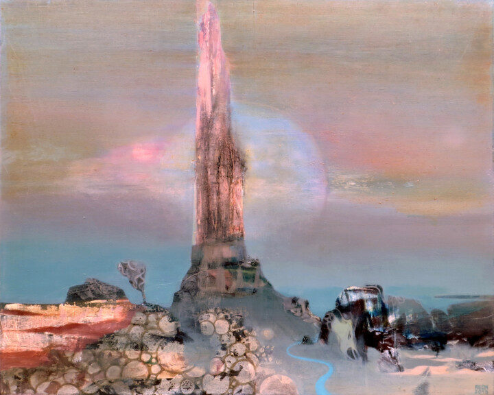 Painting titled "Obelisk" by Aeon, Original Artwork, Oil Mounted on Wood Stretcher frame
