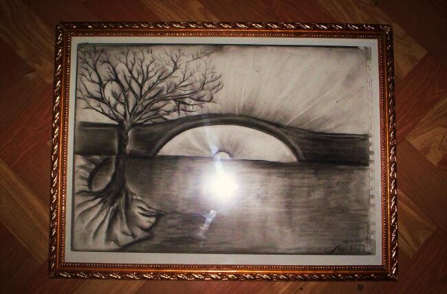 Painting titled "A bridge at sunset" by Afaf Khalil, Original Artwork, Oil