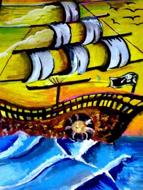 Peinture intitulée "The Sailing Ship" par Afaf Khalil, Œuvre d'art originale, Gouache
