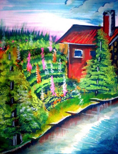 Painting titled "The Garden" by Afaf Khalil, Original Artwork, Gouache