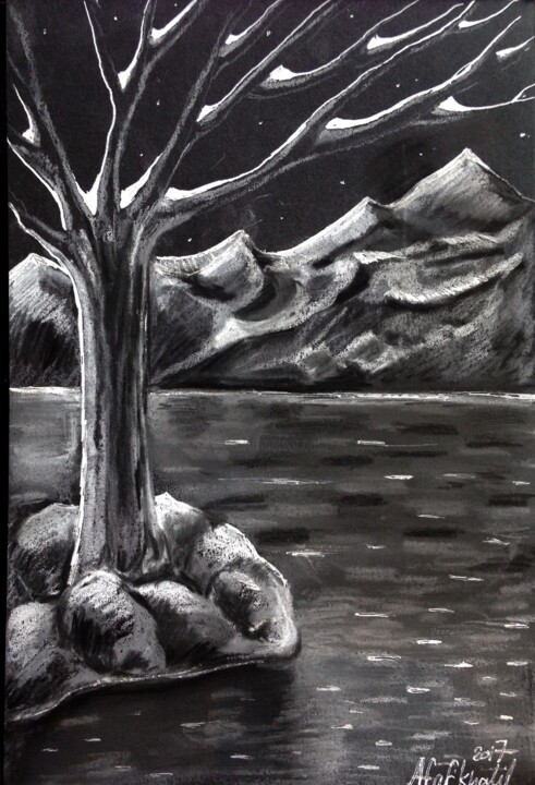 Drawing titled "Reflection" by Afaf Khalil, Original Artwork, Charcoal