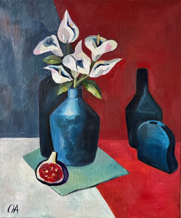 Painting titled "Stillife with kaals" by Olga Afanasiadi, Original Artwork, Oil Mounted on Wood Stretcher frame