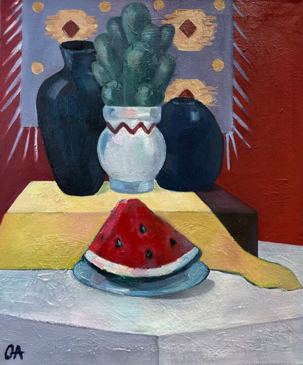 Painting titled "Stillife with water…" by Olga Afanasiadi, Original Artwork, Oil Mounted on Wood Stretcher frame