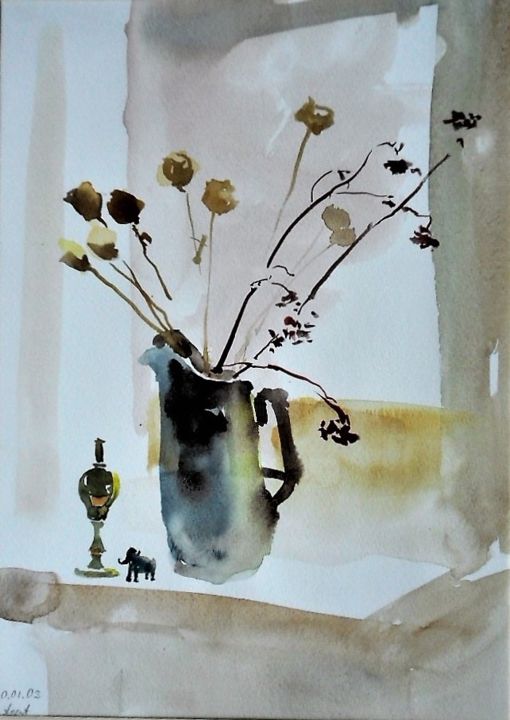 Schilderij getiteld "Fleurs séchées" door Alexandra Afanassieva, Origineel Kunstwerk, Aquarel