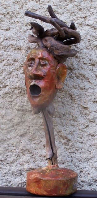 Skulptur mit dem Titel "le cri qui décoiffe!" von Anne-Frédérique Ferret, Original-Kunstwerk, Holz
