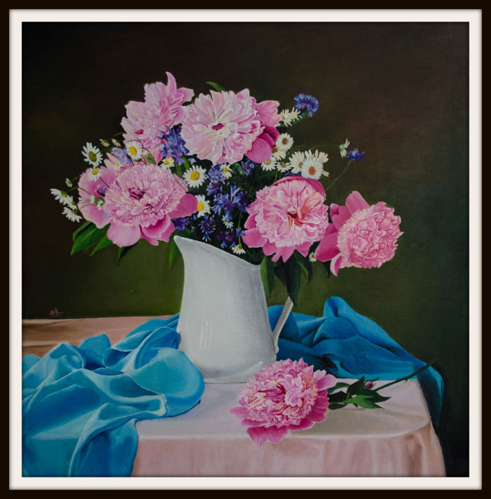 Painting titled "Peonies & Daisies" by Afia Rafique, Original Artwork, Oil