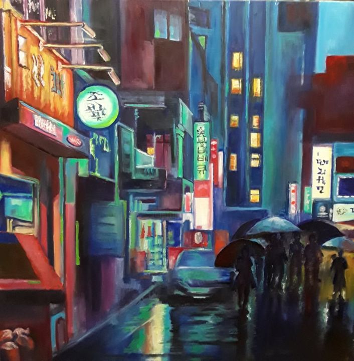 Painting titled "chinatown 3" by Afionis Olivia, Original Artwork, Oil