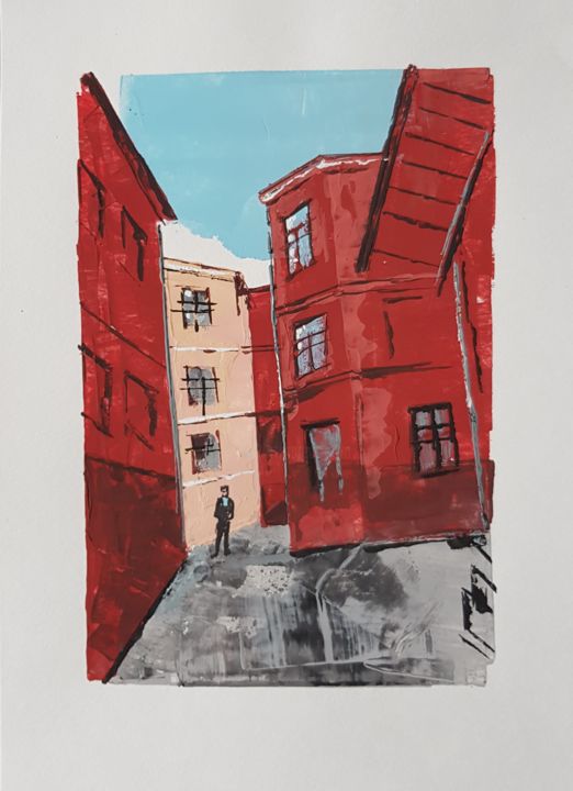 Dessin intitulée "red courtyard" par Agniia Kashkurevich (Agneshka Kashkurevitch), Œuvre d'art originale, Gouache