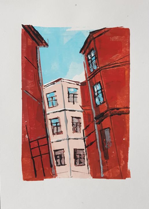 Zeichnungen mit dem Titel "red courtyard-3 (tr…" von Agniia Kashkurevich (Agneshka Kashkurevitch), Original-Kunstwerk, Gouac…