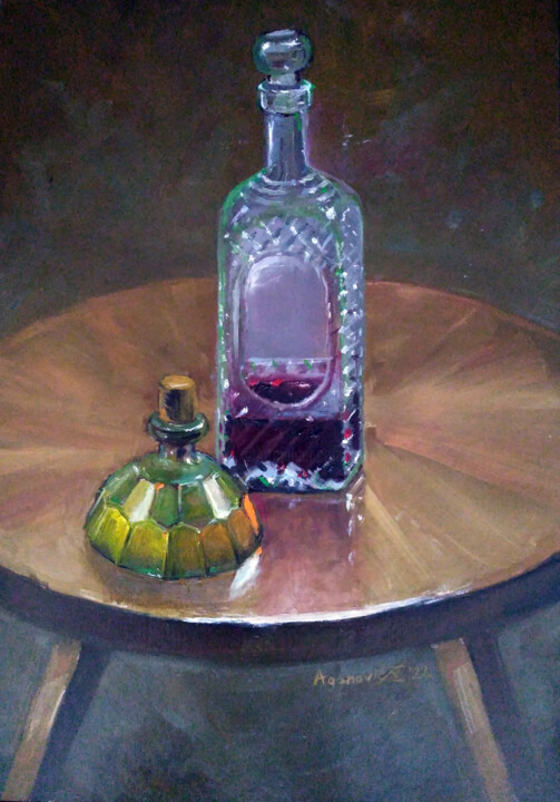 Painting titled "bottle of wine with…" by Tarik Aganović, Original Artwork, Oil