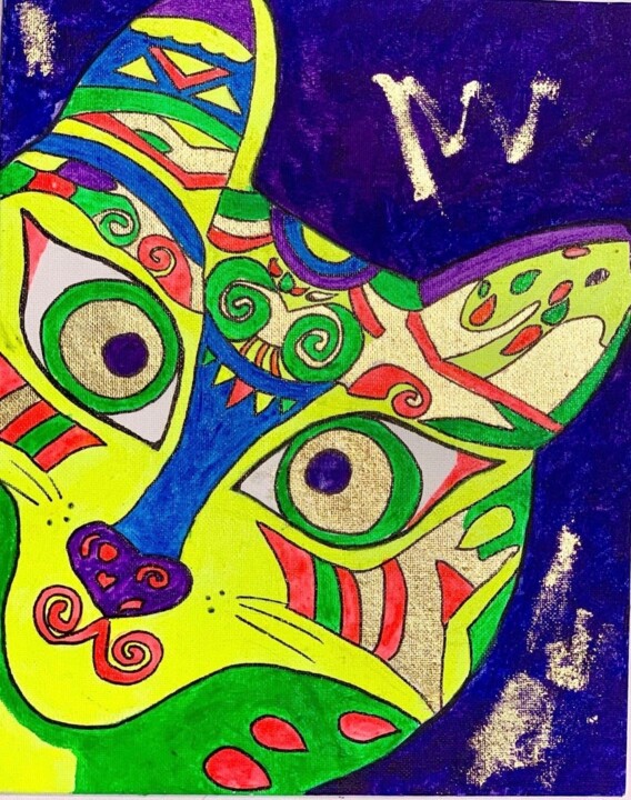 Painting titled "Neon cat" by Agarti Art, Original Artwork, Acrylic