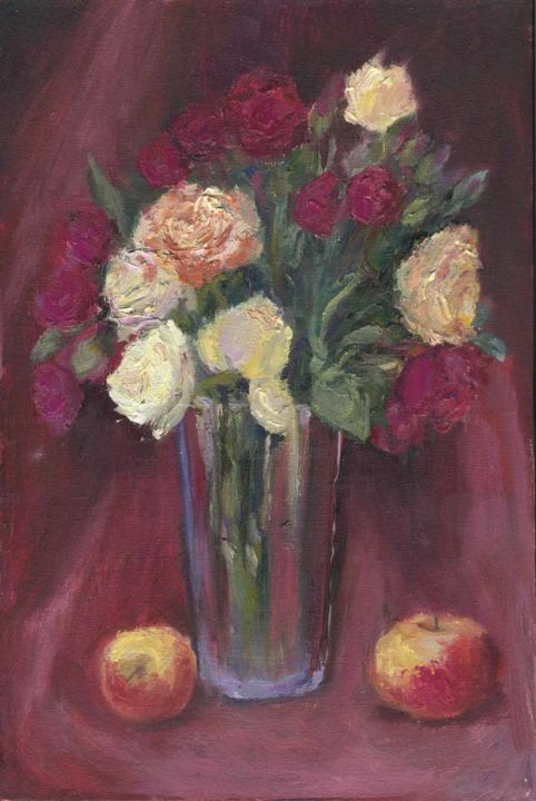 Malarstwo zatytułowany „Осенние розы Autumn…” autorstwa Agatha Ya Sokolova, Oryginalna praca, Olej Zamontowany na Drewniana…