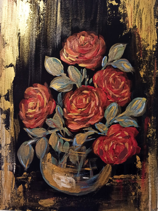 Картина под названием "Grandes roses en or" - Agatha Ya Sokolova, Подлинное произведение искусства, Акрил