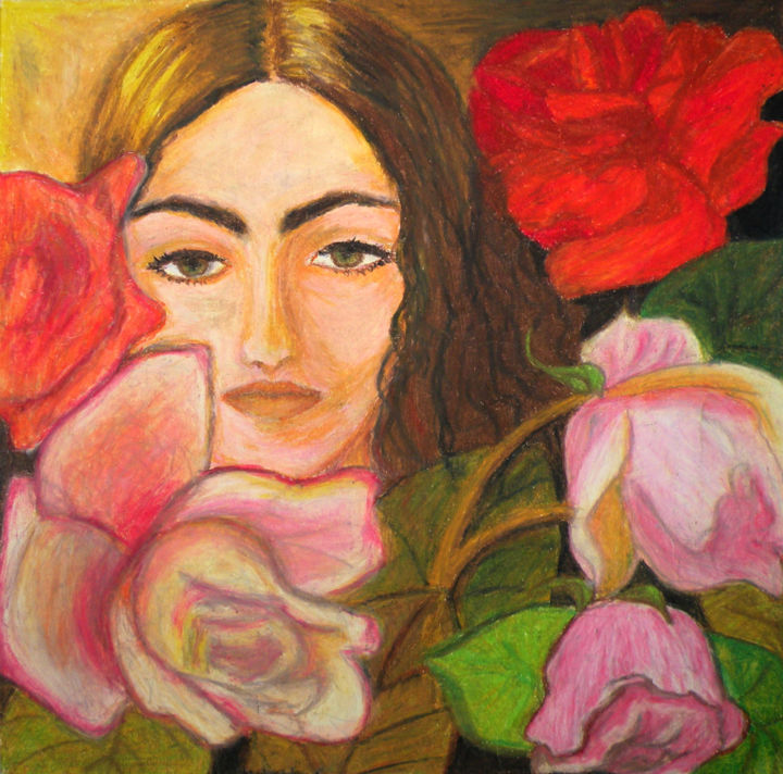 Rysunek zatytułowany „Twarz w kwiatach 39…” autorstwa Agnieszka Werner (AgaweART), Oryginalna praca, Pastel