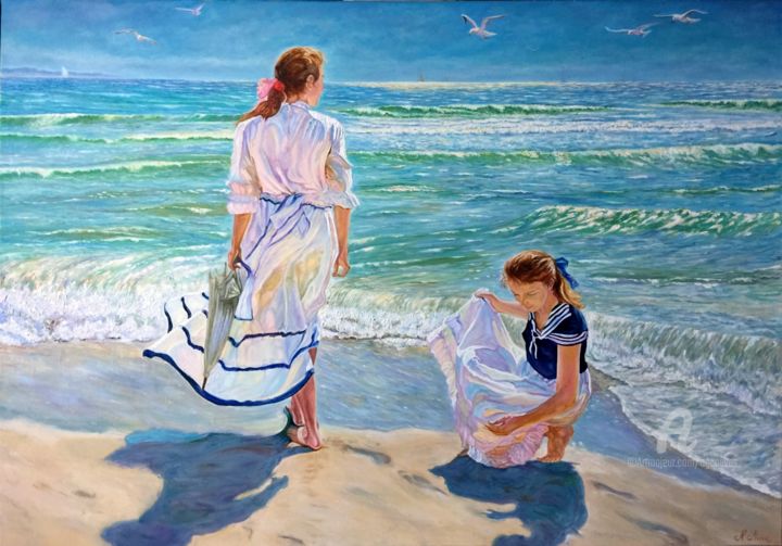 Peinture intitulée "Girls On The Beach…" par Alexandre George, Œuvre d'art originale, Huile