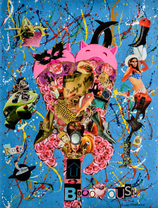 Collages titulada "Rock star pigs" por Aggela Mavroidi, Obra de arte original, Collages Montado en Panel de madera