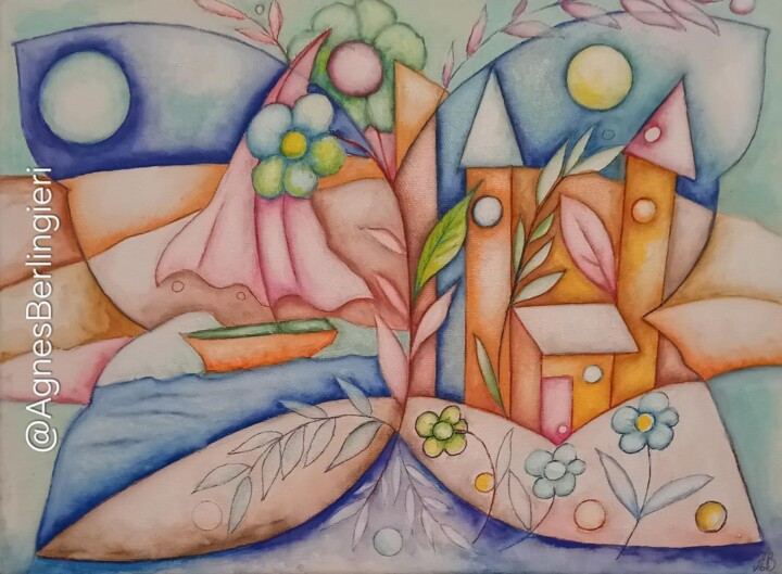 Painting titled "Papillon Paysage" by Agnès Berlingieri, Original Artwork, Acrylic