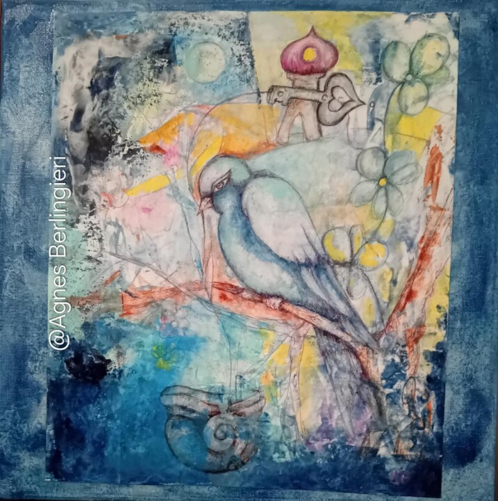 Schilderij getiteld "L'Hirondelle Bleue" door Agnès Berlingieri, Origineel Kunstwerk, Acryl