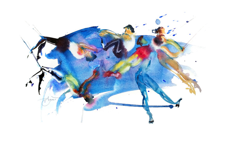 Peinture intitulée "Les Trapézistes" par Agnès Grégis (Au pinceau dansant), Œuvre d'art originale, Aquarelle