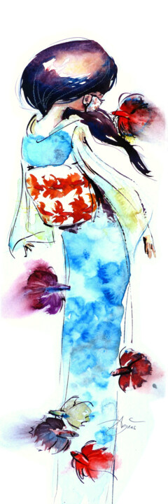 Peinture intitulée "Japonaise aux poiss…" par Agnès Grégis (Au pinceau dansant), Œuvre d'art originale, Aquarelle
